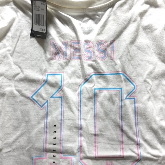 Adidas Lionel Messi Futbol Graphic Tee White Pink Blue Men's Medium NWT - Picture 2 of 8